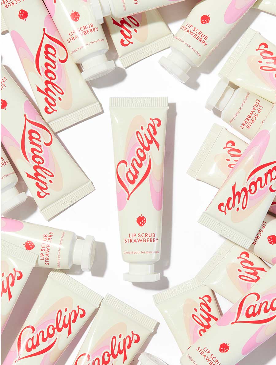 Lanolips Lip Scrub Strawberry  removes dry, flaky skin, instantly leaving lips soft, dewy and supple. Comes in two all natural flavours: Coconutter and Strawberry.