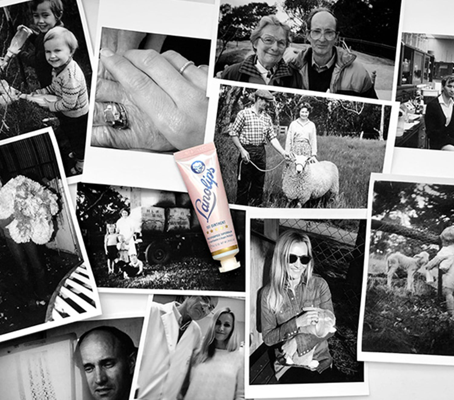 A group of heritage photos representing Lanolips' Australian heritage and lanolin origins. Highlights the brand’s roots in ethical sheep farming and use of ultra-pure lanolin - a natural, safe skincare ingredient that mimics skin’s oils to heal and hydrate. It is so safe, doctors recommend lanolin to treat burns and mothers can use it with nursing infants.