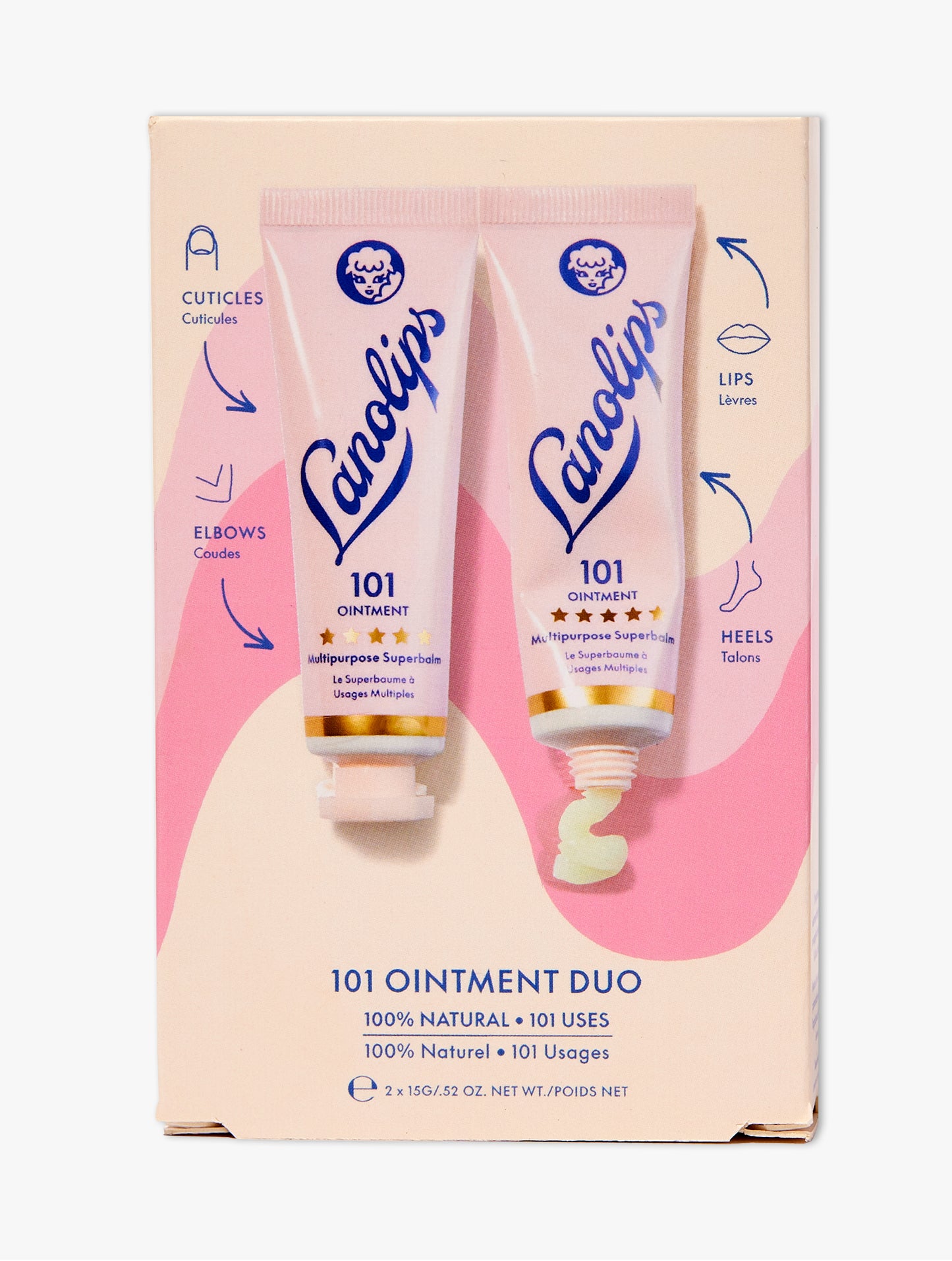 Product Shot of the Lanolips 101 Ointment Multipurpose Superbalm Duo set containing two tubes of our best selling 101 Ointments made from ultra-pure grade lanolin.