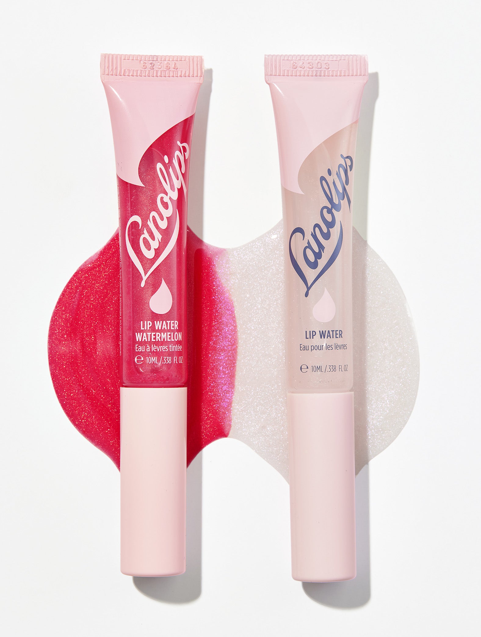 Two of the shades in the Lanolips Lip Water Collection - Original and Watermelon. Made with liquid lanolin, hyaluronic acid, natural flavours and holographic shimmer to make your lips glow.