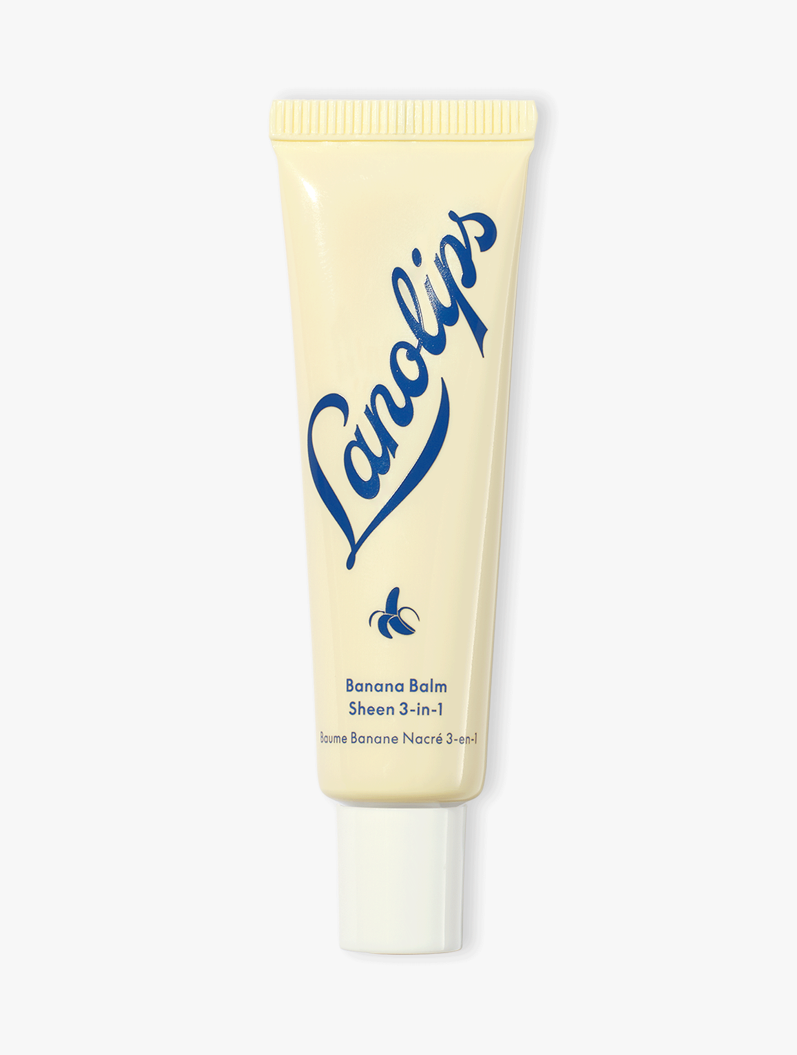 Product shot of a Lanolips Banana Balm Sheen 3-in-1 tube on a white background.