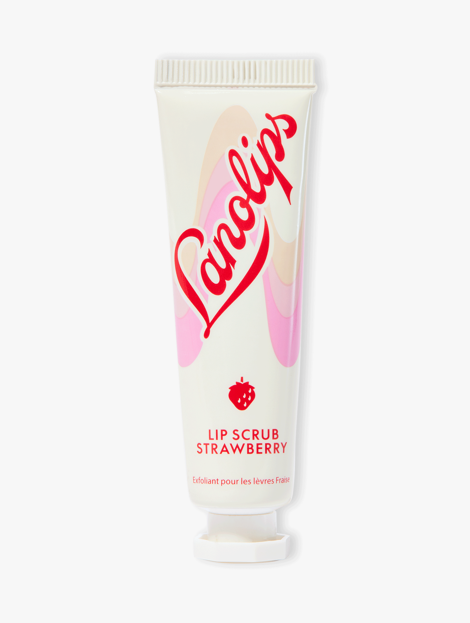 Product shot of the Lanolips Lip Scrub Strawberry tube on a white background.