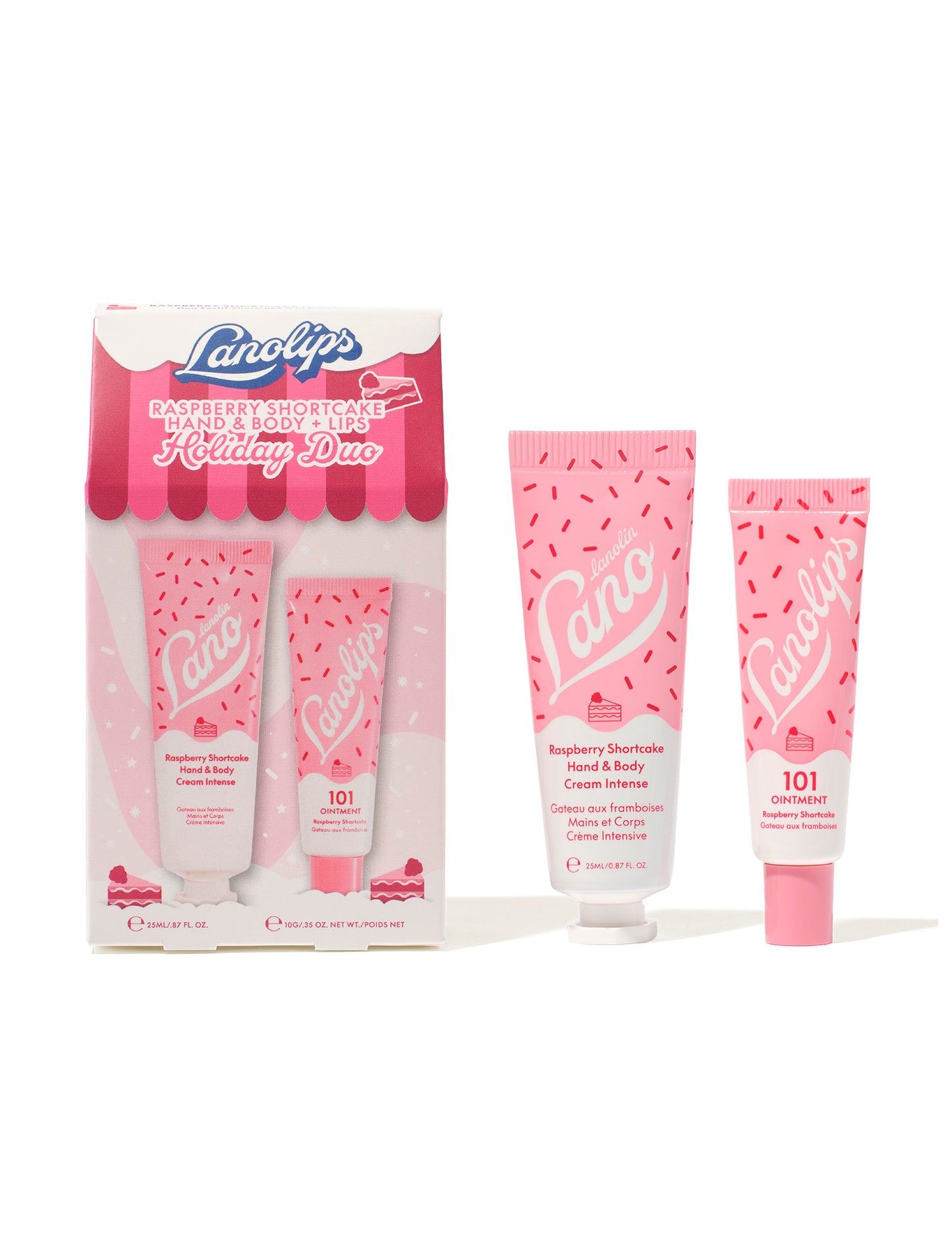 Product shot of the Lanolips Raspberry Shortcake Holiday Duo featuring the Raspberry Shortcake Hand & Body Cream Intense and the 101 Ointment Multi-Balm Raspberry Shortcake.