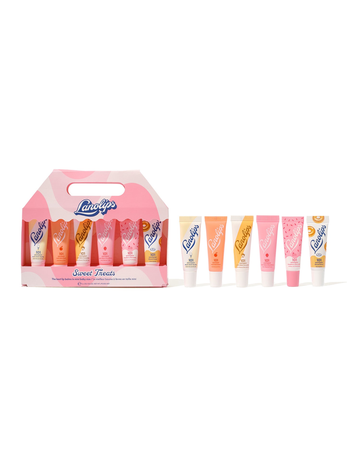 6 pc mini lip balm tubes for the Lanolips Sweet Treats range.