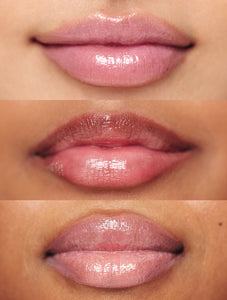 Lip swatches of Lanolips Tinted Lip Balm SPF30 Rhubarb applied on different skin tones