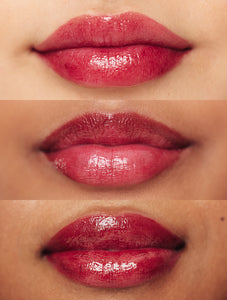 Lip swatches of the Lanolips Tinted Lip Balm in Spice on different skin tones