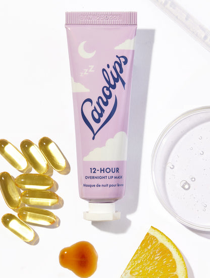 The hero ingredients in Lanolips 12 Hour Overnight Lip Mask include ultra-pure lanolin, hyaluronic acid, vitamin c, vitamin e and ceramides - to boost lip recovery overnight, softening, strengthening and replenishing lips while you sleep.