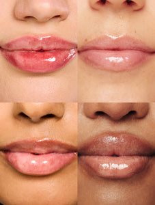 Lip swatches of the Lanolips Hyaluronic Lip Oil Honey applied on different skin tones
