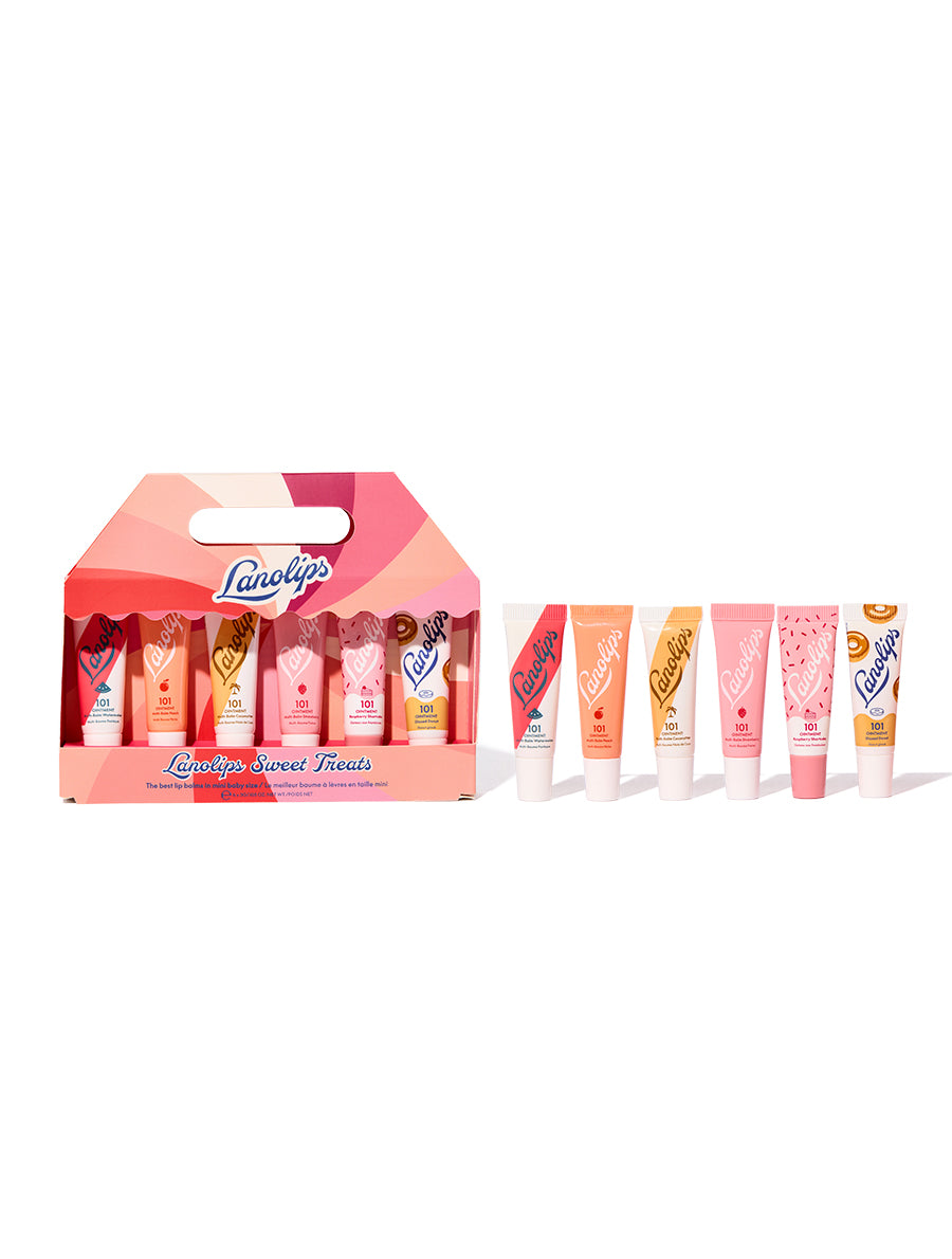 Lanolips Sweet Treats includes a mini tube of 101 Watermelon, 101 Peach, 101 Coconutter, 101 Strawberry, 101 Raspberry Shortcake and 101 Glazed Donut. Great for gifting this holiday season.