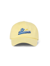 Load image into Gallery viewer, Lanolips Go Bananas Yellow Cap front view. Made with 100% cotton, and the Go Bananas embroidered slogan at the front. 
