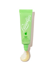 Load image into Gallery viewer, Lanolips 101 Ointment Multi-Balm Green Apple in a fresh green squeezable tube with a white cap. The packaging features the Lanolips logo in crisp white lettering and a small apple icon. A dollop of the rich, glossy balm is visible at the opening, showcasing its ultra-hydrating texture. Infused with lanolin and green apple extract, this balm provides deep moisture and a refreshing scent, perfect for soothing dry lips and skin.
