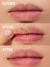 Load image into Gallery viewer, Before, during and after shot of our Lanolips Lip Scrub Strawberry. A balm based scrub made with sugar + exfoliating, ground fruit pieces to exfoilate and hydrate your lips.
