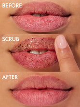 Load image into Gallery viewer, Before, during and after shot of our Lanolips Lip Scrub Strawberry. Our lip scrub enhances lip brightness by eliminating excess dead skin layers. Freshly scrubbed lips instantly appear healthier, feel smoother, and absorb balm more effectively.
