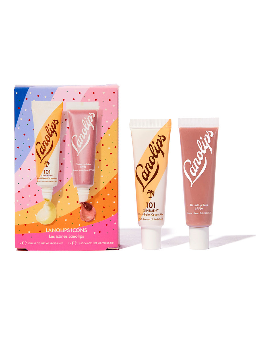 Our Lanolips Icons come in our best-selling 101 Ointment Coconutter + Tinted Lip Balm SPF30 in Perfect Nude