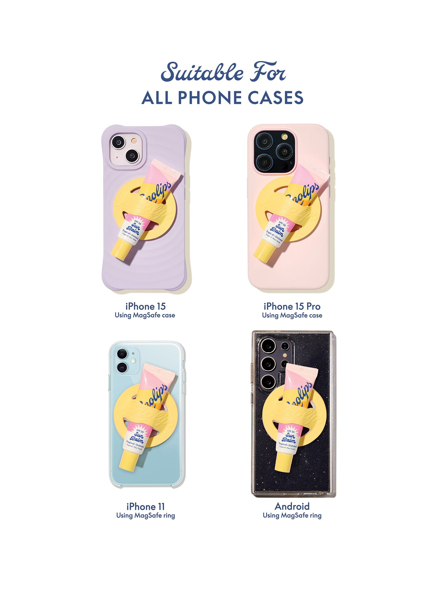 Infographic showing that the lanolips lip balm phone holder is suitable for all phone cases - including iphones and androids