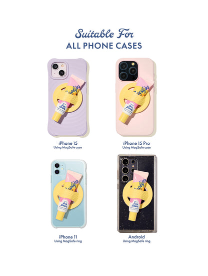 Infographic showing that the lanolips lip balm phone holder is suitable for all phone cases - including iphones and androids