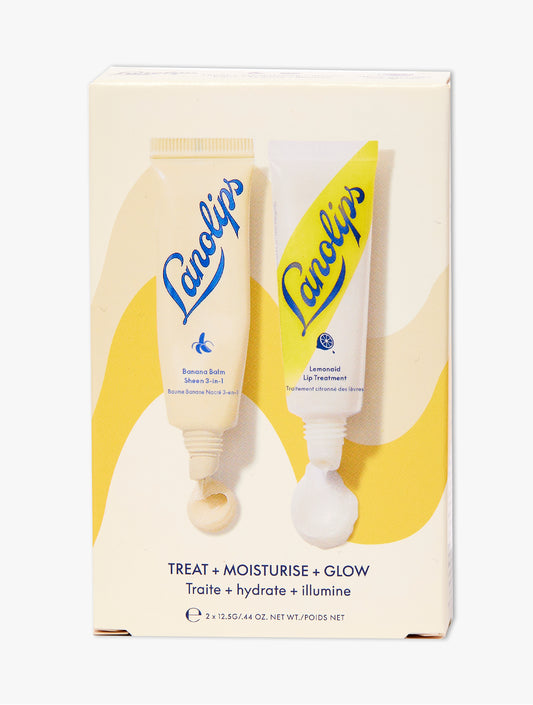 Product Shot of the Lanolips Banana Balm and Lemonaid Lip Treatment Duo Set containing the Banana Balm 3 in 1 lip sheen and Lemonaid Lip Treatment Tubes.