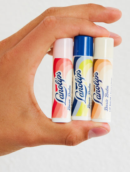 Groups of Lanolips Basic Balm range. 