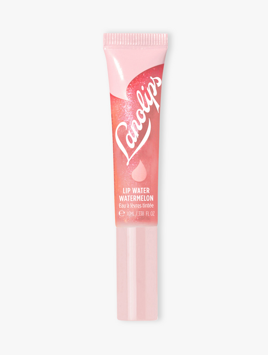 Product shot of the Lanolips Lip Water Watermelon, featuring the closed tube. It’s lightweight. It's hydrating. It's natural. Liquid lanolin & hyaluronic acid boost moisture. The glowing, holographic fruity tint looks gorgeous on everyone.