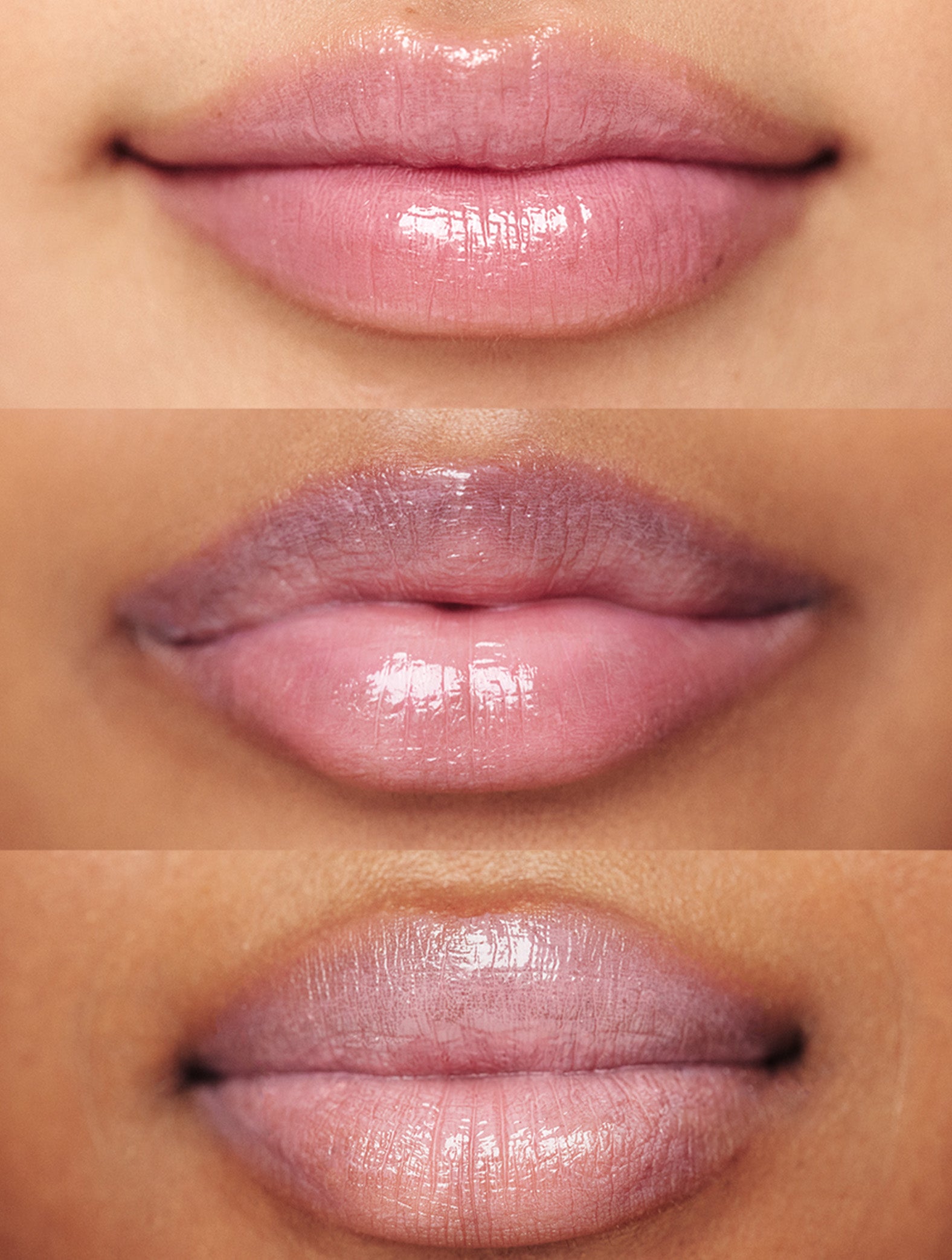 Close up shot of Lanolips Tinted Lip Balm Rose worn on different skin tones.