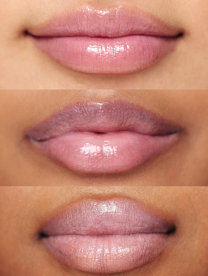 Close up shot of Lanolips Tinted Lip Balm Rose worn on different skin tones.