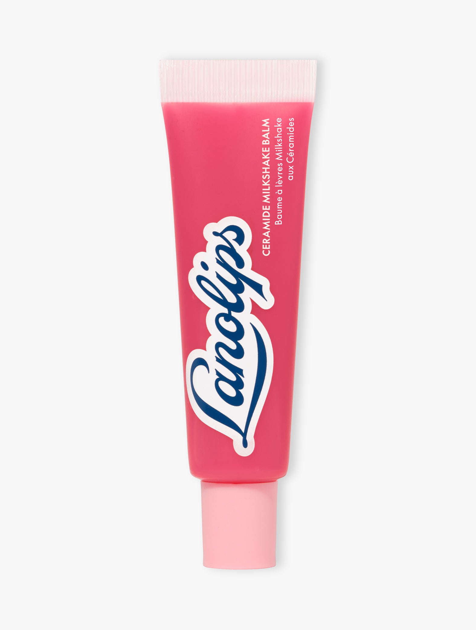 Product shot of the Lanolips Ceramide Milkshake Balm in Raspberry Crumble, a sheer, creamy raspberry tint. 