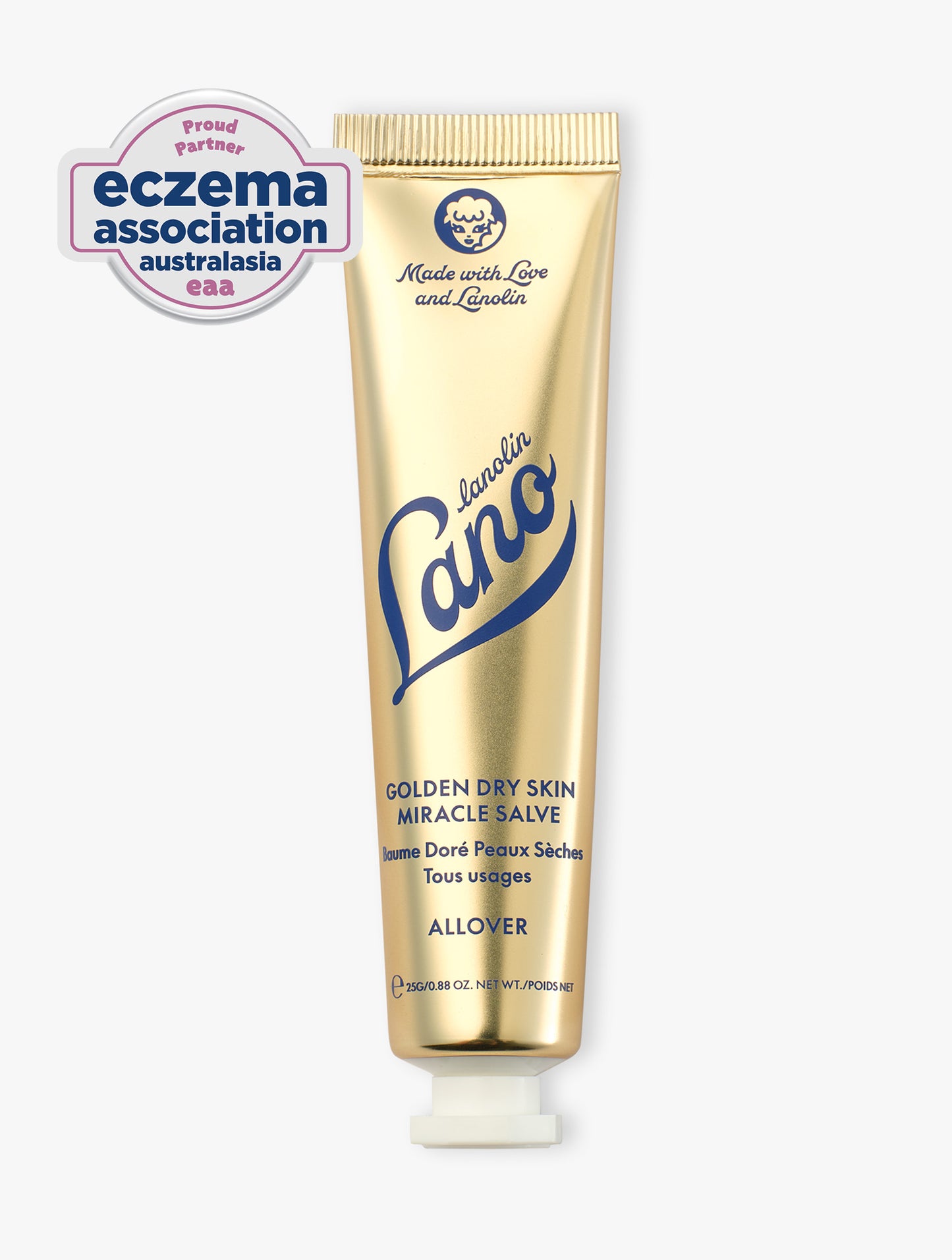 Product Shot of Lanolips Golden Dry Skin Miracle Salve 25g closed tube with a white cap. An ultra-hydrating, multi-purpose formula designed to deeply nourish and repair very dry skin, hands, and rough patches. 

The Golden Dry Skin Miracle Salve has been recognised by the Eczema Association of Australasia (EAA) for suitability on eczema-prone skin.*

*The EAA logo represents a brand partnership and product suitability assessment only and does not constitute medical endorsement. 