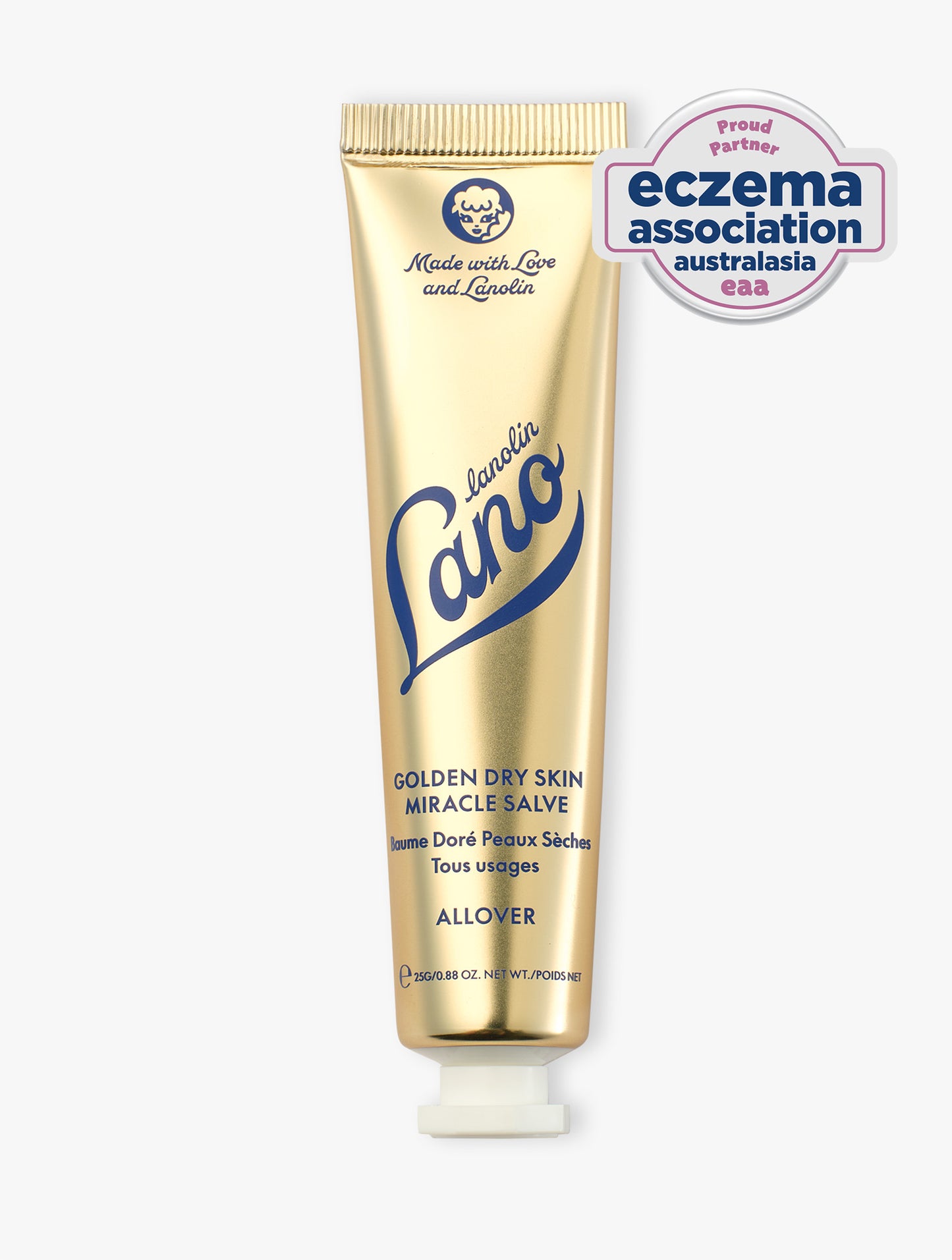 Product Shot of Lanolips Golden Dry Skin Miracle Salve 25g closed tube with a white cap. An ultra-hydrating, multi-purpose formula designed to deeply nourish and repair very dry skin, hands, and rough patches. 

The Golden Dry Skin Miracle Salve has been recognised by the Eczema Association of Australasia (EAA) for suitability on eczema-prone skin.*

*The EAA logo represents a brand partnership and product suitability assessment only and does not constitute medical endorsement. 