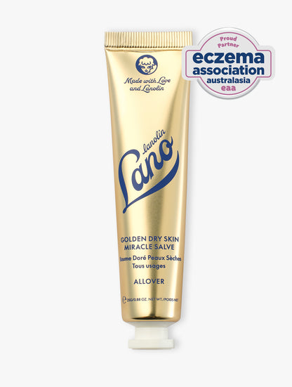 Product Shot of Lanolips Golden Dry Skin Miracle Salve 25g closed tube with a white cap. An ultra-hydrating, multi-purpose formula designed to deeply nourish and repair very dry skin, hands, and rough patches. 

The Golden Dry Skin Miracle Salve has been recognised by the Eczema Association of Australasia (EAA) for suitability on eczema-prone skin.*

*The EAA logo represents a brand partnership and product suitability assessment only and does not constitute medical endorsement. 