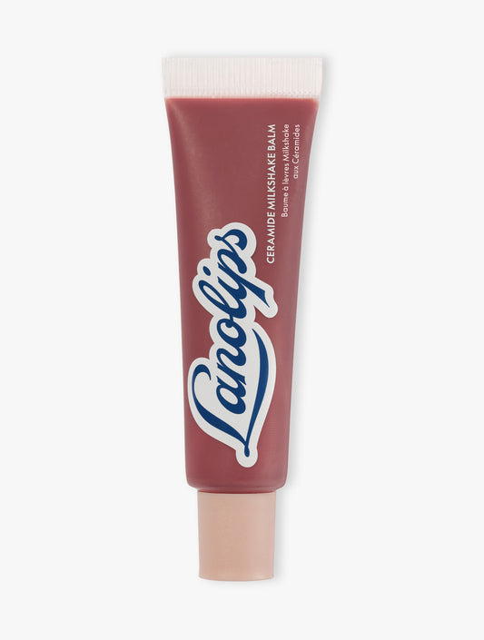 Product shot of Lanolips Ceramide Milkshake Balm in Caramel Melt, a sweet rosy-caramel nude tint, made with 90% lanolin, ceramides and murumuru butter
