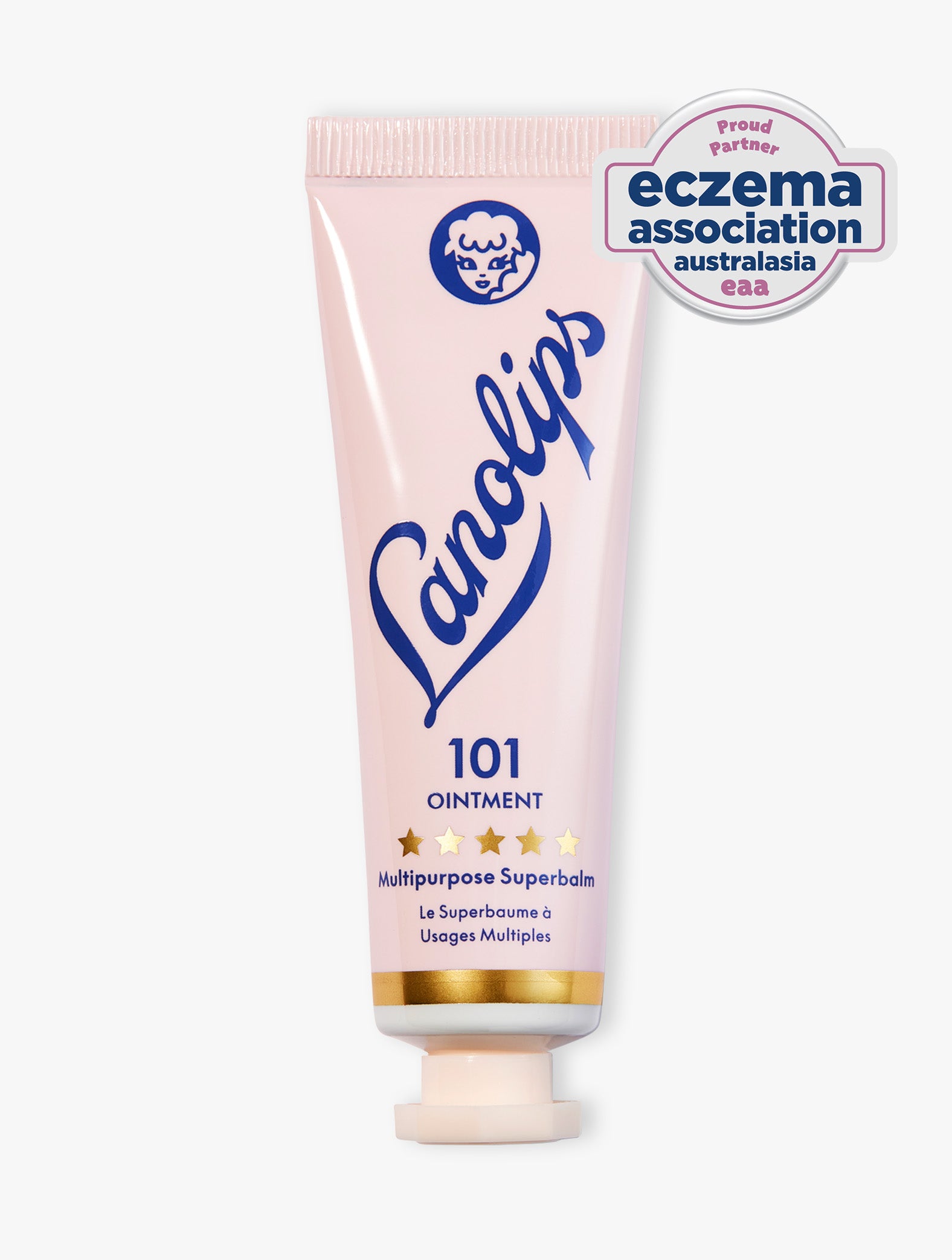 Product shot of the Lanolips 101 Ointment Multipurpose Superbalm 15g, featuring the closed tube. 101 Ointment contains ultra-pure grade lanolin, this super-dense balm penetrates & help seal in moisture. It gives the most intense hydration for dry & chapped lips, skin patches, cuticles, elbows & more. 

The 101 Ointment Multipurpose Superbalm has been recognised by the Eczema Association of Australasia (EAA) for suitability on eczema-prone skin.
