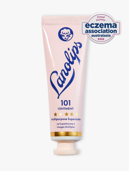 Product shot of the Lanolips 101 Ointment Multipurpose Superbalm 15g, featuring the closed tube. 101 Ointment contains ultra-pure grade lanolin, this super-dense balm penetrates & help seal in moisture. It gives the most intense hydration for dry & chapped lips, skin patches, cuticles, elbows & more. 

The 101 Ointment Multipurpose Superbalm has been recognised by the Eczema Association of Australasia (EAA) for suitability on eczema-prone skin.