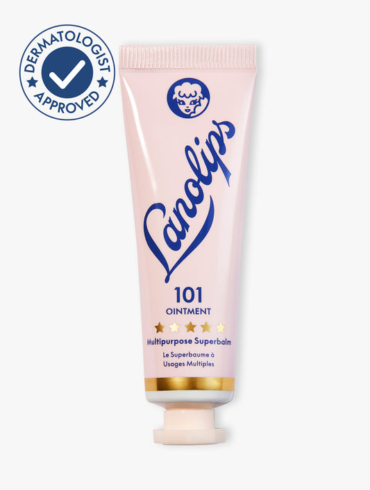 Product shot of the Lanolips 101 Ointment Multipurpose Superbalm 15g, featuring the closed tube. 101 Ointment contains ultra-pure grade lanolin, this super-dense balm penetrates & help seal in moisture. It gives the most intense hydration for dry & chapped lips, skin patches, cuticles, elbows & more. 