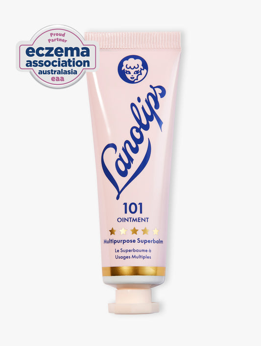 Product shot of the Lanolips 101 Ointment Multipurpose Superbalm 15g, featuring the closed tube. 101 Ointment contains ultra-pure grade lanolin, this super-dense balm penetrates & help seal in moisture. It gives the most intense hydration for dry & chapped lips, skin patches, cuticles, elbows & more. 

The 101 Ointment Multipurpose Superbalm has been recognised by the Eczema Association of Australasia (EAA) for suitability on eczema-prone skin.

