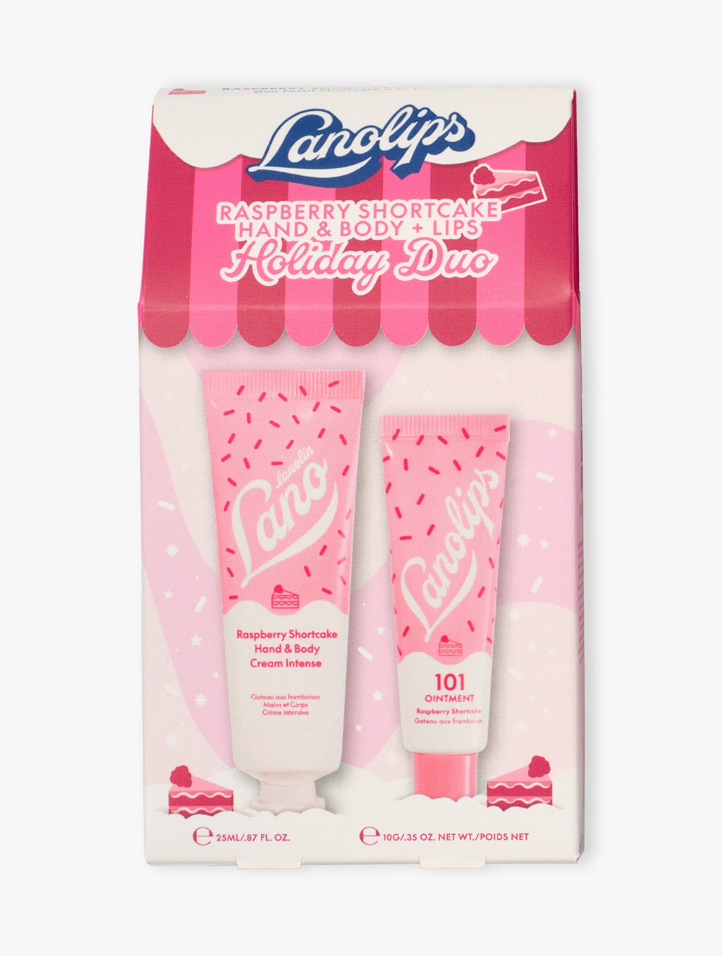Product shot of the Lanolips Limited Edition Raspberry Shortcake Holiday Duo. 