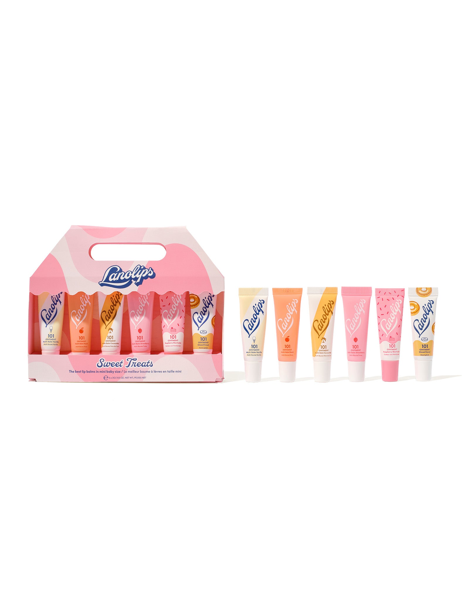 6 pc mini lip balm tubes for the Lanolips Sweet Treats range. 