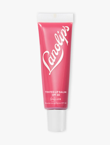 Product shot of the Lanolips Tinted Balm in Rhubarb. Lanolin-rich lip moisturiser with a sheer colour tint.