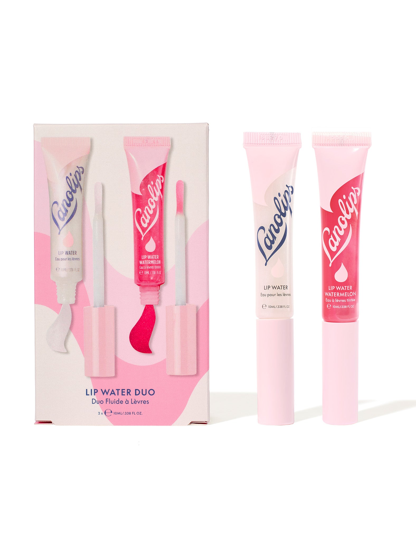 Still shot of Lanolips Lip Water Duo packaging, with the products displayed on the right. 