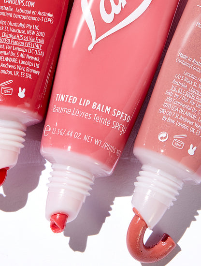 Micro shot of the Lanolips Tinted Lip Balm SPF 30 range